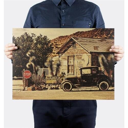 Roadside abandoned classic car retro nostalgic kraft paper poster bar coffee bar decorative painting core wall stickers