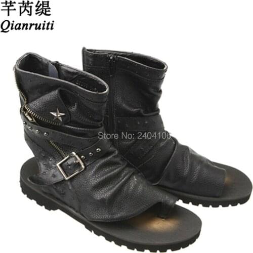 Qianruiti Zapato Hombre Buckled Beach Sandals Leather Ankle Boots Summer Open Toe Slingback Flat Casual Gladiator Sandals Men