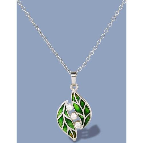 925 Sterling Silver Exquisite Green Leaf Shape Pendant Glittering Zircon Fashion Jewelry Handmade Enamel Jewelry Simple Necklace