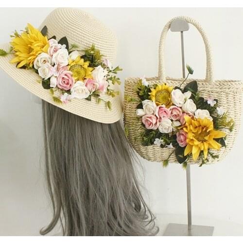 Straw Handbag Women 2021 Summer New Hand-Woven Rattan Bag Woven Purse Wicker Beach Bag Flowers Drawstring Totes Whth Straw Hat