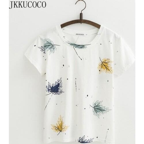 JKKUCOCO Three color maple leaf Print t-shirt Women Tops shirt Short Sleeve Casual T-shirt Cotton t shirt Hot tees XS-XL