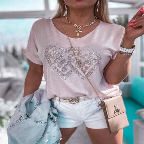 Plus Size Women T-Shirt 2021 Summer Fashion Heart Print t shirt Ladies Casual Pink Tops Loose Short Sleeve Tshirt Camisas Mujer