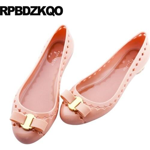 Women Dress Shoes Peach Peacock Flats Metal Drop Shipping Hollow Out Slip On Jelly Round Toe Bow Breathable Cute Patent Leather