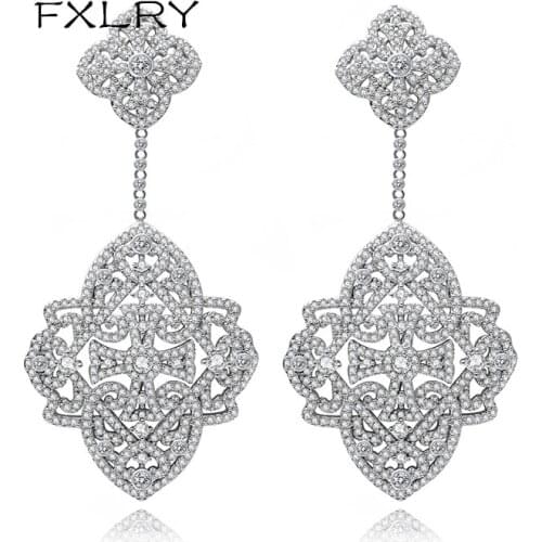 FXLRY New Design White Color Micro Inlay AAA Zircon Geometrical Flowers Earrings Fashion Women Luxury Wedding JEWELRY