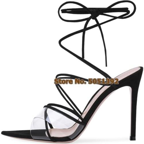 Women Super High Thin Heel Black Peep Toe Transpatent PVC Clear Ankle Lace-Up Cross-tied Sexy Fashion Plus Size Shoes