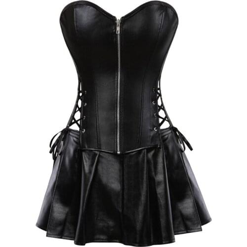 Women Gothic Front Zipper PU Faux Leather Overbust Corset And Skirt Suit Plus Size S-6XL
