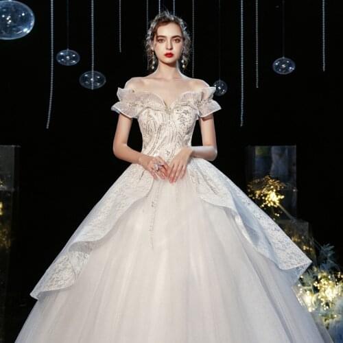 Real photo Elegant Bride wedding dress 2021 Sexy Boat Neck Sequined Ruffles marriage dress robe de mariee vestidos de novia