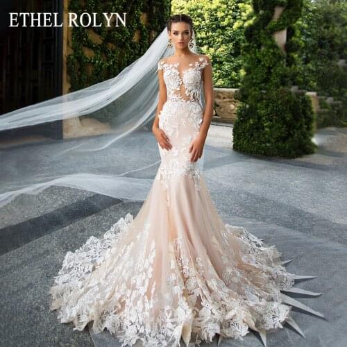 ETHEL ROLYN Sexy Backless Mermaid Wedding Dress 2021 Short 3D Flowers Illusion Appliques Bride Gowns vestido de novia