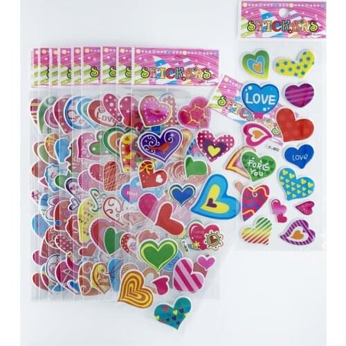 12 Sheets/Set Love Heart Pattern Cartoon Sticker 3D Cute PVC Bubble Scrapbook For Kids Notebook Diary Lable Stickers