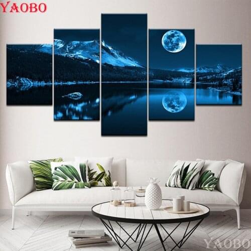 5 Pieces 5D Diamond Embroidery lake moon night nature landscape Diamond Mosaic Full Square Round Diamond Painting Cross Stitch