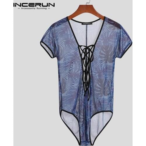 INCERUN Men Bodysuit V Neck Mesh See Through Homewear Cozy Lace Up Short Sleeve Sexy Underwear 2021 Pajamas Bodysuits Rompers