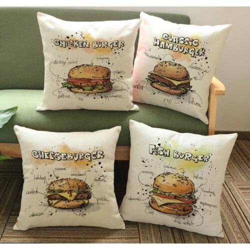 Hamburger Print Pillows Restaurant Decoration Cotton Linen Sofa Chair Cushion Covers Burger Decorative Pillowcase 45x45cm