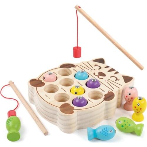 Wooden Pretend Cats Fishing Magnetic Board Game Interactive Children Toy Gift