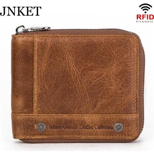 JNKET New Retro Mens Cowhide Short Wallet RFID Blocking Wallet Zipper Wallet Multifunction Clutch Wallet Coins Purse