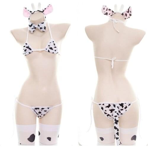 Cow Sexy Cosplay Costume Maid Tankini Swimsuit Anime Bikini Set Girls Swimwear Cute Lolita Bra Underwear with Tail Stockings