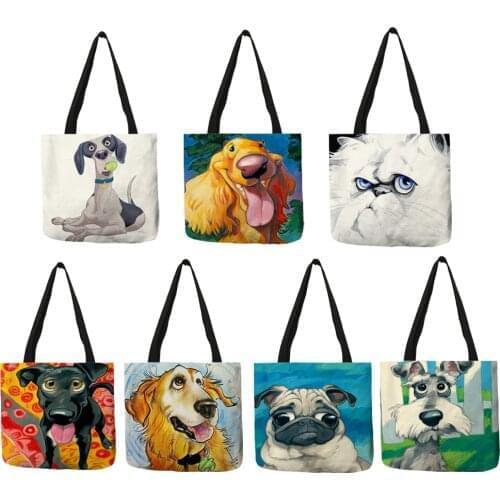Oil Painting Bulldog Terrier Golden Retriever Print Shoulder Bag Eco Linen Reusable Travel Office Large Handbags for Women