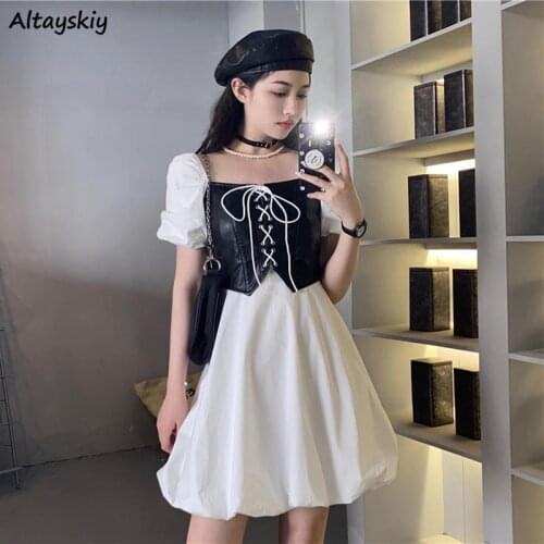 Mini Dresses Women Fashionable Fake 2 Piece Patchwork Stylish A-line Chic Elegant Summer Short Sleeve Korean Style PU Harajuku