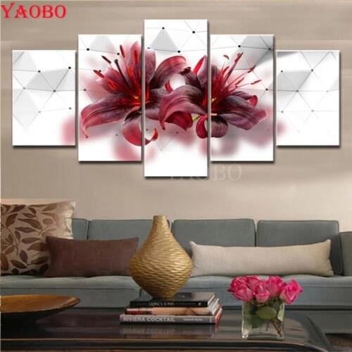 Simple Elegant Lily Flowers diamond painting full square round drill 5 Pieces set needlwork mosaic art embroidery handmade gift