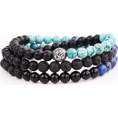 New Design Natural Stone Jewelry Male Bracelet Three Layers Beads Stainless Steel Ball Elastic Wrap Bracelet men
