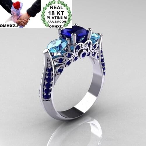 OMHXZJ Wholesale European Fashion Woman Man Party Wedding Gift Luxury White Blue AAA Zircon 18KT White Gold Ring RR621