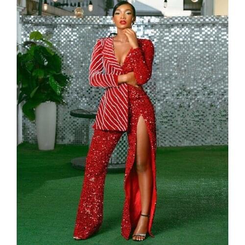 Red 2021 Sequined Jumpsuit Prom Dresses Aso Ebi Arabic Long Sleeves V Neck African Beaded Evening Gowns Plus Size