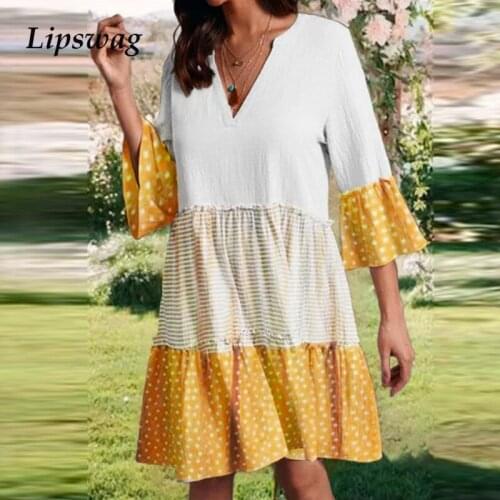 Casual Loose Half Sleeve Mini Dress 2021 Spring Women Fashion Polka Dot Print A-Line Dresses Lady Ruffle Pleated V-Neck Vestidos