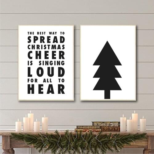 Elf Christmas Cheer Quote Prints Black and White Christmas Tree Canvas Painting Minimalist Poster Home Living Room Holiday Decor