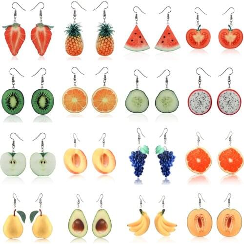 New Fashion Acrylic Fruit Drop Earring Sweet Strawberry Apple Orange Kiwi Watermelon Peach Banana Dangle Earrings for Women Girl