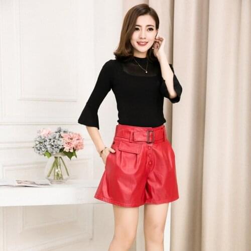 High Quality Women Genuine Leather Sheepskin Fashion Sashes Shorts Streetwear Button Fly Mid Waist Female Loose Flare Shorts