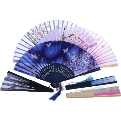 Chinese Style Decorative Fans Silk Folding Hand Held Dance Fans Flower Blossom Party Wedding Prom