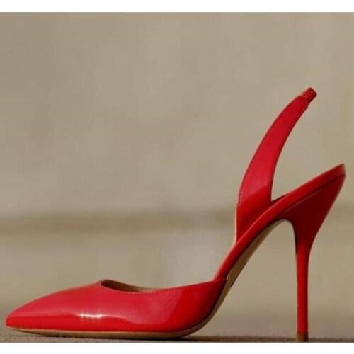 Fashion Patchwork Slingback Shoes Pointed Toe Red White Leather Stiletto Heels Dress Shoes Cut-out Office Lady Pumps Big Size45