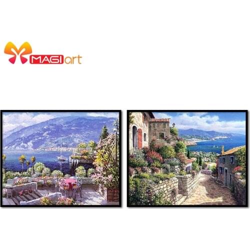 Cross stitch kits Embroidery needlework sets 11CT water soluble canvas patterns 14CT Landscape painting Flower Town-NCMS041