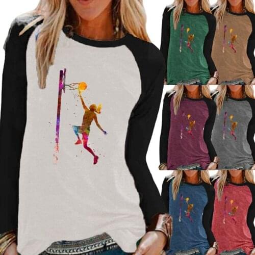 Autumn Fashion Ladies Casual Long Sleeve Top Sports Print Round Neck Loose T-shirt Pullover Sweatshirt Oversized Ladies T-shirt