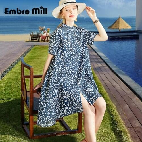 Women Spring And Summer New Single-Breasted Cotton Printed + Beading Loose Mid-Length Short-Sleeved Shirt Dress S-XL