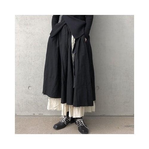 Autumn Winter Irregular Dark half-length Yamamoto double-layer Patchwork Black pleated thick a-line skirt