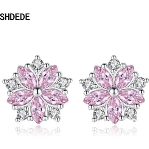 SHDEDE Cubic Zirconia Flower Silver Stud Earrings Women Lovers Xmas Gift Fashion Jewelry Luxury Noblest Accessories -WH270