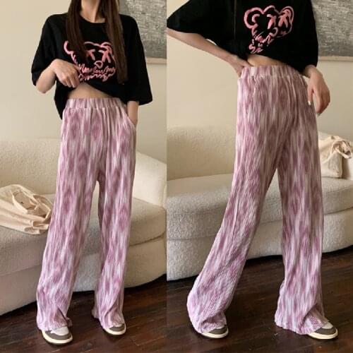 Y2K Retro Tie-dyed Pink Wide Leg Pants Womens Summer Autumn Loose Straight Casual Thin High Waist Pleated Long Pants Streetwear