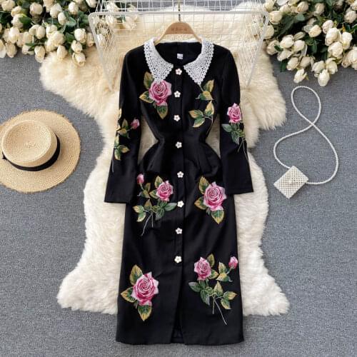 2021 Office Lady Vintage Rose Embroidery Black Dress Lace Turn Down Collar Long Sleeve Bodycon Winter Autumn Party Dress M68252