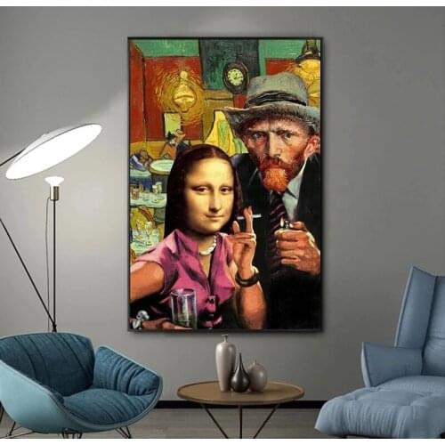 Famous Mona Lisa and Van Gogh Smoking Canvas Paintings Funny Art Posters and Prints Wall Art Pictures for Living Room Home Decor