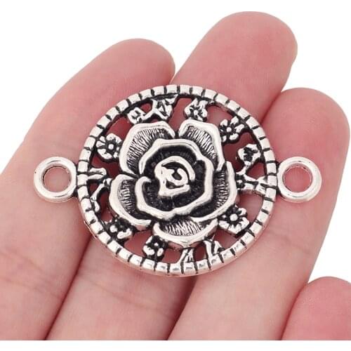 6 x Tibetan Silver Rose Flower Round Connector Charms Pendant for Bracelet Jewelry Making Findings 46x32mm