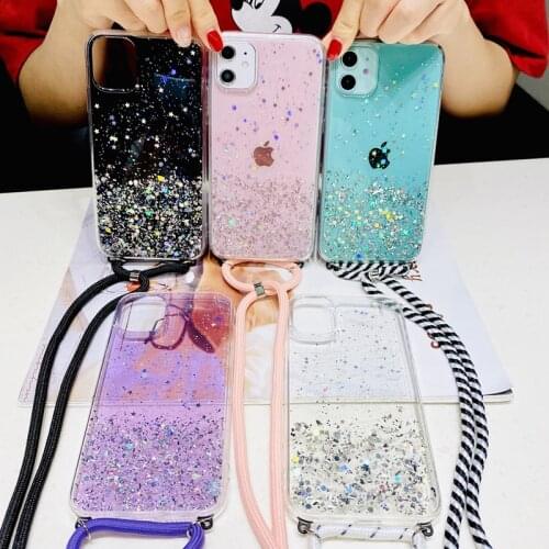 Sparkle Glitter Stars Sequins Phone Case For iPhone SE 2020 11 Pro XS Max 6 8 7 Plus XR X Necklace Lanyard Soft Clear Back Cover