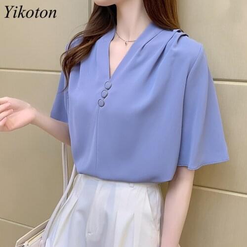 Blouse Summer Shirt V-Neck New Womens Clothing Casual Tops Loose Plus Size Chiffon Buttons Short Sleeve Blusas Camisa mujer Top