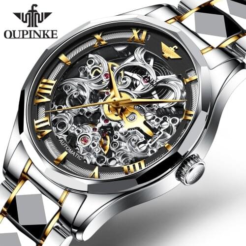 OUPINKE Fashion Transparent Luminous Gear Movement Royal Design Men Top Brand Luxury Male Mechanical Skeleton Wrist Watch