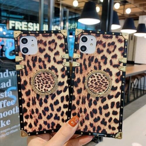 Luxury Leopard Phone Case for Samsung S21 S20 FE S10 Lite S10e S9 S8 Note 20 Ultra 10 Plus 9 8 Soft Square Ring Holder Cover