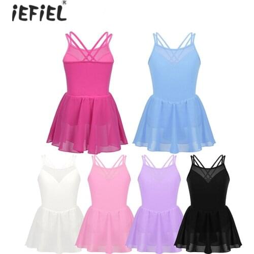 IEFiEL Girls Ballet Dance Dress Spaghetti Shoulder Straps Elastic Mesh Splice Gymnastics Leotard Chiffon Ballet Dress Dance Wear