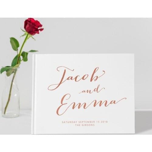 Personalize Rose Gold Wedding Guest Book, Custom Calligraphy Alternative Guestbook, Gift for Couple Rustic Wedding Album