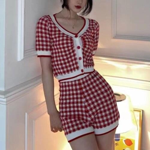 Summer Plaid Knit Two Piece Set Women Crop Top Sexy Short Sweater Cardigan + Shorts Sets Casual 2 Piece Pants Sets Women Outfits