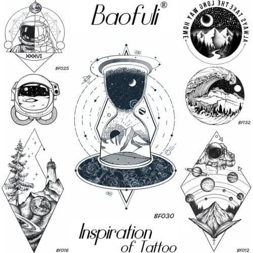 BAOFULI 3D Men Temporary Geometric Universe Tattoo Waterproof Hill Star Trails Hourglass Fake Tattoo Body Arm Art Tatoos Sticker