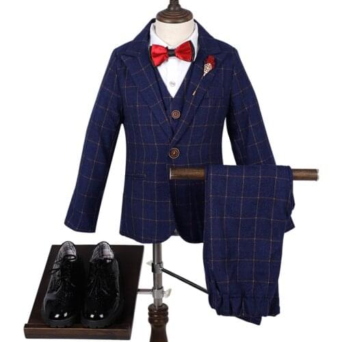 Flower Boys Witner Autumn Dress Suit Sets Children Plaid Blazer Vest Pants Shirts Outfits Kids Wedding Party Performance Costume