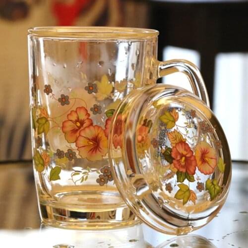 7.6x11cm Morning glory pattern transparent thickened Heat-resistant glass cup Hand cup with lid hot water cup with tea leak